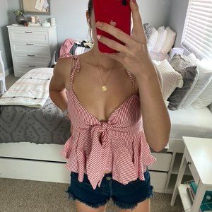 Cute Tie Front Red and White Striped Top- Size M